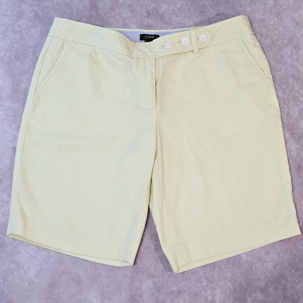 J Crew Size 6 Reg Womens Walking Bermuda shorts light lime green white polka dot